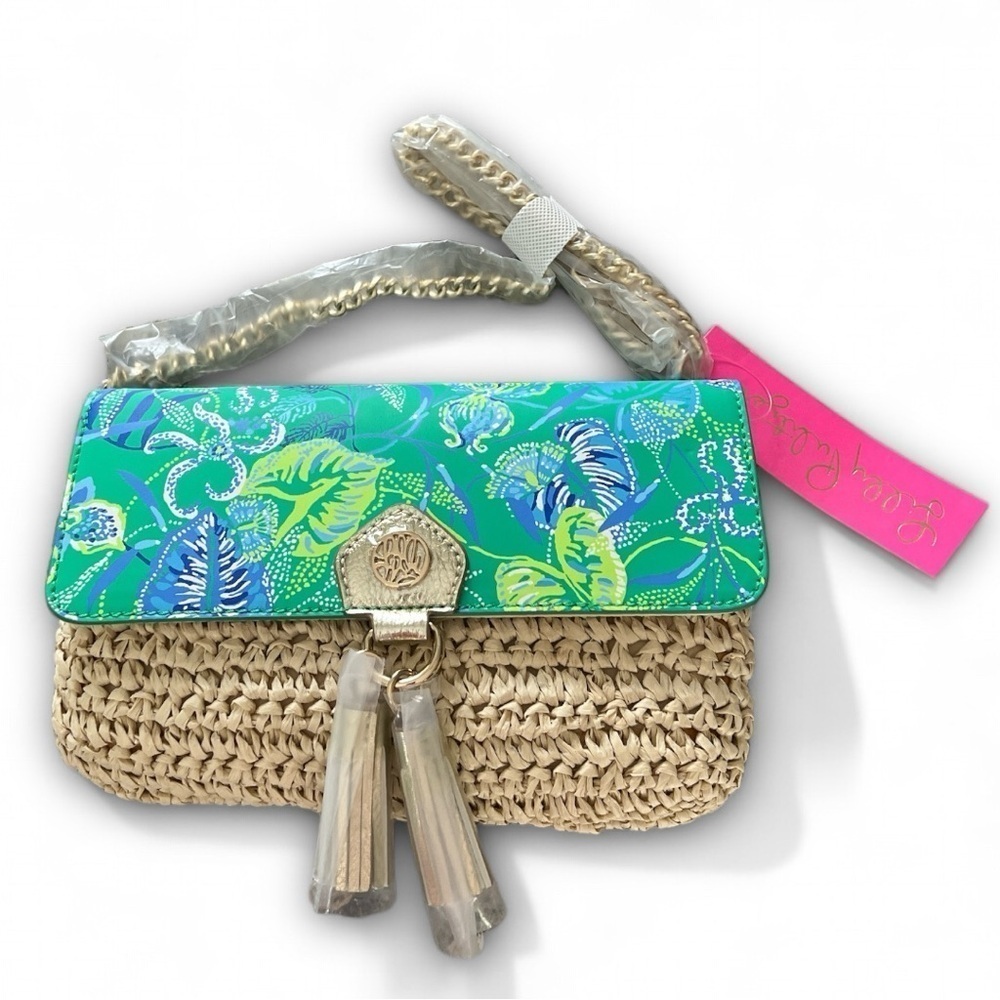 Lily Pulitzer Botanical Green In A Flutter Straw Crossbody Clutch Gold Tone New
